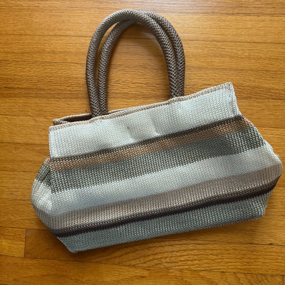 The Sak Crochet Indio Satchel Purse Handbag Sand Stripe Brown Tan Neutral Earth